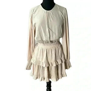 DO+BE TOTALLY TAUPE RUFFLE SMOCKED MIDI DRESS SIZE M